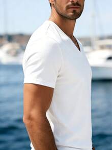 Men's Casual Solid Color V-Neck Short Sleeve T-Shirt, Versatile For Summer - White - View 3