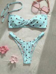 New Fashionable Sexy Polka Dot Print Strapless Detachable Strap Bikini Swimwear For Women, Beach Party Summer Vacation - Mint Blue - View 2