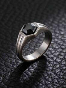1 pieza Anillo negro geométrico hexagonal de acero inoxidable vintage, accesorio de estilo gótico para hombres - Negro de pistola - Ver 8