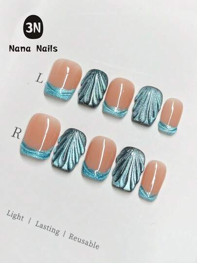 1 Paquete/10 Piezas Uñas de Lágrima de Sirena Mística: Artesanales con efecto de ojo de gato azul 3D en uñas cuadradas cortas | Uñas postizas para un aspecto mágico Uñas postizas hechas a mano