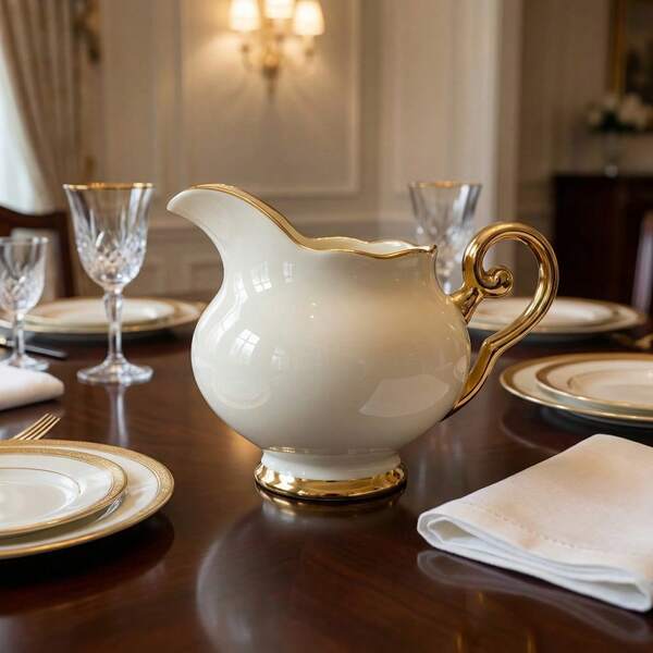 1pc Ceramic Creamer Pitcher - Elegant Gold-Trimmed Design, Durable & Heat-Resistant, Large Capacity, Premium Home Serving Vessel, Perfect For Various Home Use Scenarios: Dining Table, Afternoon Tea, Breakfast Serving Milk, Cream Or Sauce