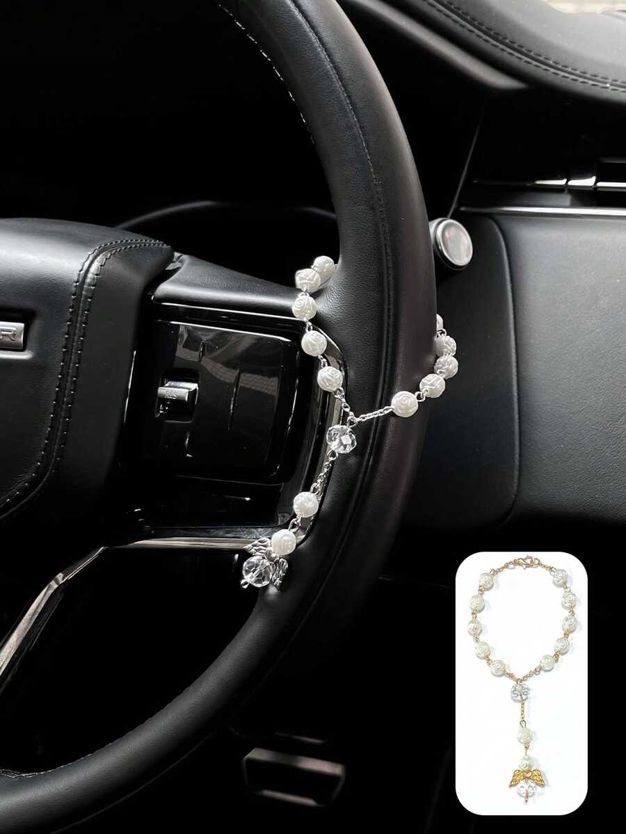 Mặt dây chuyền ngọc trai hồng, hình trái tim cánh thiên thần, trang trí vô lăng có thể điều chỉnh với ngọc trai trắng, phụ kiện xe hơi. - A - Xem 1