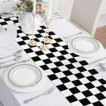 DEMIUKO 12 PCS Checkered Table Runner Black White Grid Table Runner Racing Car Plaid Party Table Decor Waterproof Plastic Table Mat Runner For Boy Two Fast Birthday Decorations Kitchen Home Dee - Black White Checkered - View 3