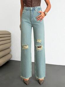 Women's High Waisted Wide Leg Jeans With Distressed Ripped Details And Pockets Long Length Denim - Green - View 4