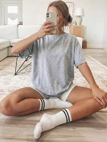 [Double-Sided Print] Women's Spring/Summer Loose Casual Clothing, Short Sleeve T-Shirt With Round Neck And Sun And Wave Print - 灰色 - 查看 4