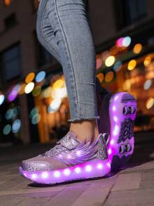 Upgraded Fashion Children & Teens Roller Skate Shoes, Enhanced Stability, Detachable 2-In-1 Sports Shoes, Street Cool Skating Shoes, Outdoor Sports Luminous Shoes, Parent-Child Shoes, New Skating Shoes, Luminous Shoelaces, Roller Skating Luminous Shoes, USB Rechargeable Roller Skate Shoes, LED Luminous Skating Shoes, Sports Shoes With Luminous Soles, Boys - Purple - View 14
