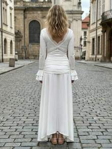 Women's Fall Lace Long Dress Elegant Solid Color Long Sleeve V Neck Slim Fit Ruffle Dress For Daily Event Wear - Milky - View 5