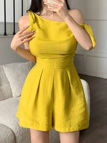 abyoxi 女士黄色性感不对称领单肩系腰极简连体裤，休闲通勤、海滩度假、日常穿着，春夏短款连体裤 - 芥末黃 - 查看 1