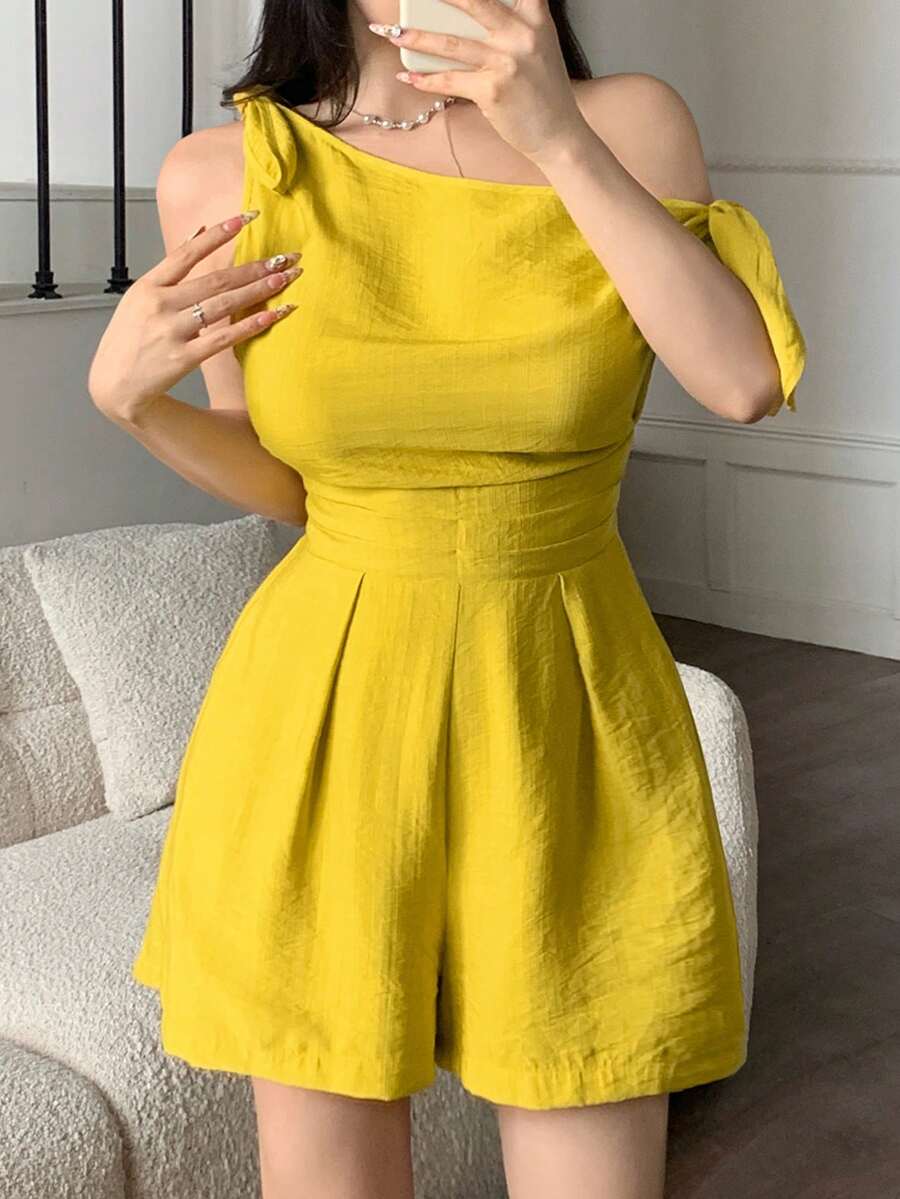 abyoxi 女士黄色性感不对称领单肩系腰极简连体裤，休闲通勤、海滩度假、日常穿着，春夏短款连体裤 - 芥末黃 - 查看 1