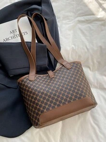對比色肩帶雙手把肩背包，適合上班或上學。研究生、年輕女孩、大學新生至大四學生以及高中生的完美選擇。 - 棕色 - 查看 8