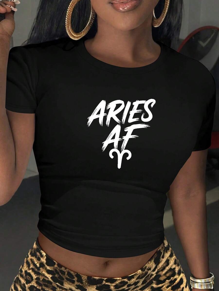 Aries OF Typography Women's Fashion Short Sleeve T-Shirt,Y2K Top Crop,Camisetas De Fiesta,Back To School,Vintage,Street Wear, Rock, Holiday, Vacation, Festival, Summer Tops - 黑色 - 查看 1