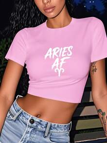 Aries OF Typography Women's Fashion Short Sleeve T-Shirt,Y2K Top Crop,Camisetas De Fiesta,Back To School,Vintage,Street Wear, Rock, Holiday, Vacation, Festival, Summer Tops - Hồng - Xem 2