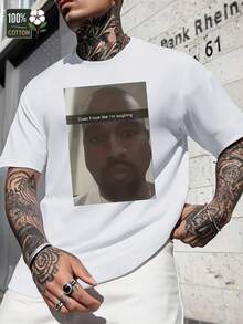 1pc West Funny Meme Looks Like Im Laughing Graphic Print Casual Crew Neck T-Shirt For Men's, Men's Clothes, Summer Outfits, Streetwear Tops, Comfortable Fit Graphic Tees, Daily Wear Clothes, School Wear, Gift For Boyfriend,Perfect For Spring/Summer Single Wear Or Layering, Ideal For Travel & Sports - 白色 - 查看 4