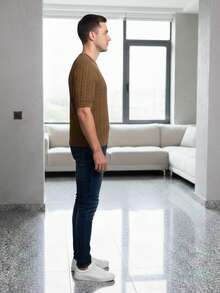Men's Short-Sleeve Knit Sweater - Elegant Casual Slim Fit Style - Camel - View 2