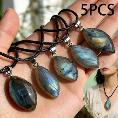 5pcs Natural Stone Pendant, Labradorite Teardrop Moonstone With Blue-Green Sheen, Suitable For Jewelry Making, DIY Necklace, Fashion Accessories, Daily Wear And Gifts (Cord Not Included)