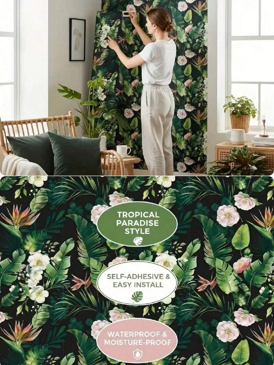 1 Roll Green Printed Wallpaper, Waterproof, Non-Stick, Easy To Clean, Removable And Reusable, Suitable For Home Decor, Cabinet, Room Background, Peel And Stick Wallpaper, Wall Covering. 17.7 INx 39.3/118.1/196.8 Printed Wallpaper