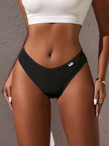 5 piezas Bragas de mujer de alta elasticidad acanaladas, ropa interior con diseño de letras de talle bajo - Negro - Ver 5