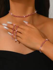 1 Set de Collar, Pulsera y Aretes de Mujer de Lujo con Diseño de Cuerda Retorcida y Rhinestones, Juego de 3 Piezas - Rojo - Ver 2