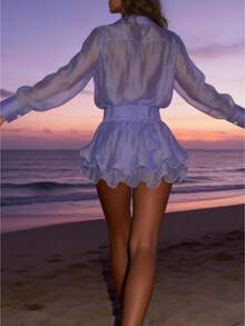 Women Fairycore Sheer Mesh Ruffle Mini Dress Y2K Aesthetic Button Up Shirt Dress Sexy Mermaidcore See Through Beach Cover Up For Summer Vacation Clubwear - 淡紫色 - 查看 2