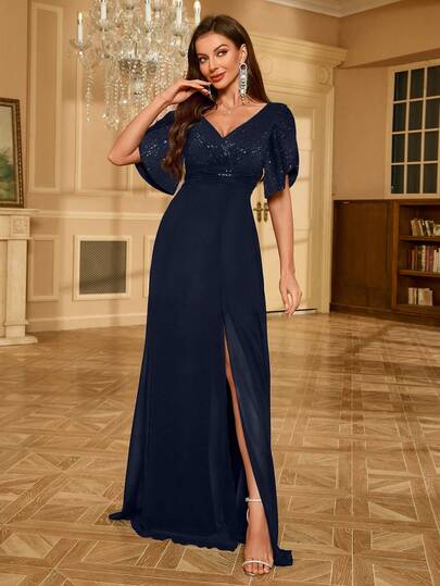 Vestido formal de gasa con parches de lentejuelas UNITHORSE negro, elegante para baile de graduación, cena, boda, fiesta de cumpleaños, vestido de graduación de primavera