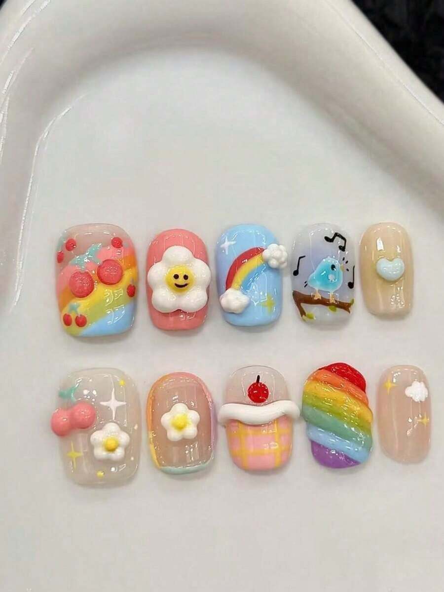 10PCS Short Square Handmade Press On Nails For Party And Daily Wear,Rainbow Colors Nails,Small Flowers,Rainbow,So Cute,Shiny And Dazzling, Easy To Wear10pcs Y2K Handmade Press On Nails,Shining Bright , Nails,Suitable For Girls And Women Festivals Parties And Daily Wear Nail Supplies - 彩色 - 查看 1
