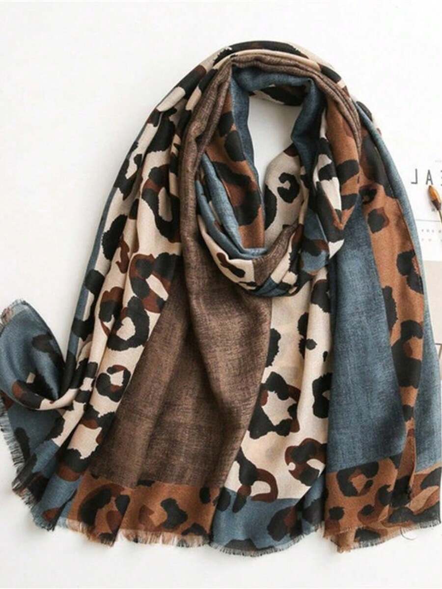 1件装女士波西米亚豹纹几何拼接防晒披肩围巾 - 03-藍色 - 查看 1