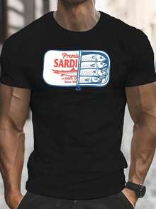 Camiseta Gráfica Vintage de Sardina para Hombre - Diseño Retro de Tatuaje de Pez, Texto "Premi SARDI", Manga Corta, Cuello Redondo, Mezcla Ligera de Poliéster, Perfecta para Ropa Casual de Verano.| Diseño Retro de Pez| Tela Ligera - Negro - Ver 1