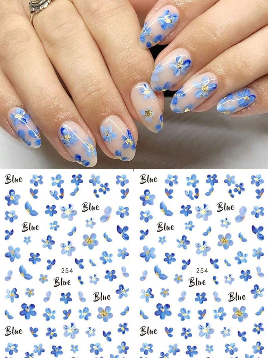 2件裝水彩藍色花卉美甲貼紙,可愛花瓣美甲貼花自黏裝飾,優雅春夏美甲滑貼,婚禮美甲設計配件 - 藍色 - 查看 1