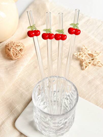 1/4Pcs Red Reusable Cutlery Set Glass Straws With Cherry Stuff, Cute Bent And Clear Glass Drinking Straw With Cleaning Brush, Kitchen Accessories,Cold Drinks, Milk Tea , Coffee, Juice, Smoothies,Home, Restaurants, Cocktail Parties,Hen Party Supplies,Wedding,Back-To-School,Funny Gift For Girlfriends/Boyfriends, Holiday Supplies,Summer,Easter Gifts