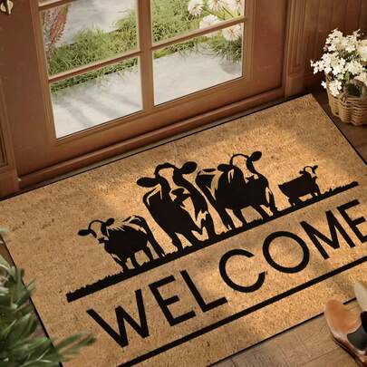 1pc Interesting Cow "Welcome" Pattern Doormat, Yellow Graphic Minimalist Style Short Plush Quick-Dry Non-Slip Washable Entrance Mat, Suitable For Kitchen, Bathroom, Dining Room, Hallway, Party, Gathering, New Year, All Seasons, Yard Decor