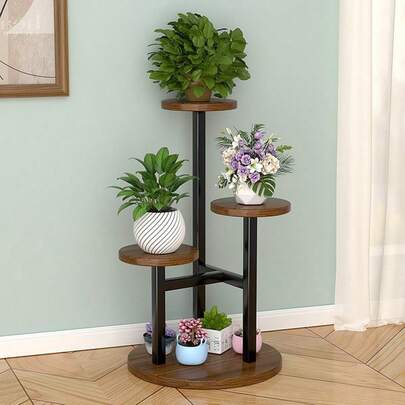 1pc Metal And Wood Plant Stand, Indoor And Outdoor Display Rack, Flower Pot Rack, Multi-Functional Storage Rack, Suitable For Living Rooms, Corners, Balconies, Gardens, And Terraces.