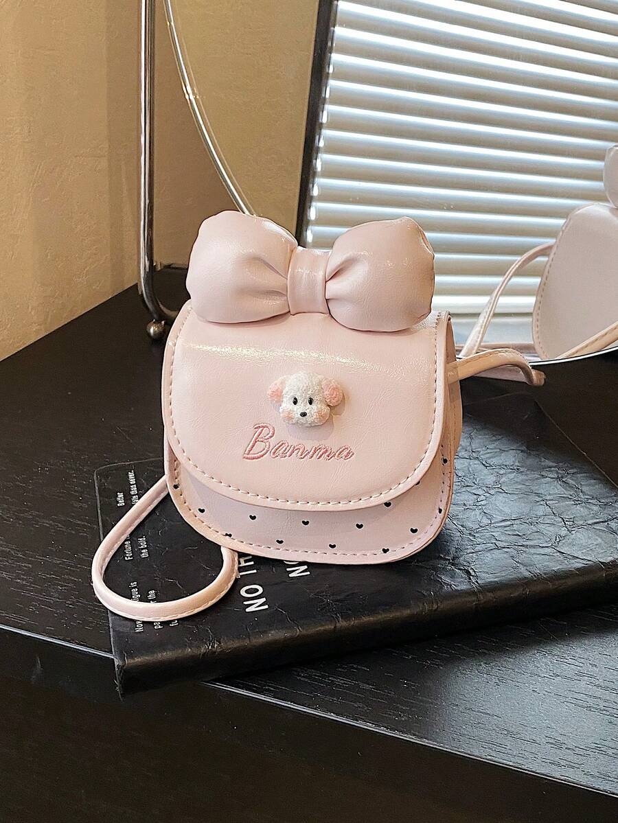 1个可爱小狗斜挎包，儿童简约爱心设计时尚翻盖包 - 粉色 - 查看 1