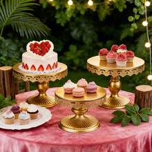 Set Of 3 Round Metal Cake Stand Set, Displaying Table For Birthday Party Cake Display Baby Shower Wedding Pastry Decor Supplies Cupcake Dessert Decoration - 金色 - 查看 3