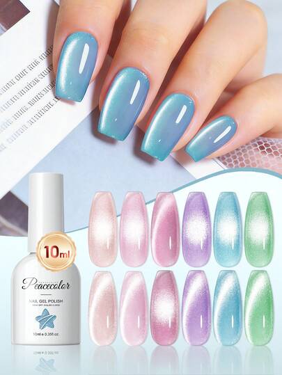  PEACECOLOR 1瓶10毫升磁性猫眼甲油胶，玻璃瓶装，高光泽碎钻闪粉效果，极光闪耀色调，半永久可卸UV/LED猫眼甲油胶，适合DIY美甲