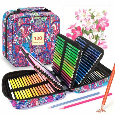 120-Color Colored Pencils Set With 3mm Soft Core Leads-Pre-Sharpened,Ergonomic Grip-Fantasy,Floral-Oval-Shaped,Nylon Material,Includes Zipper Case For Artists & Colorists