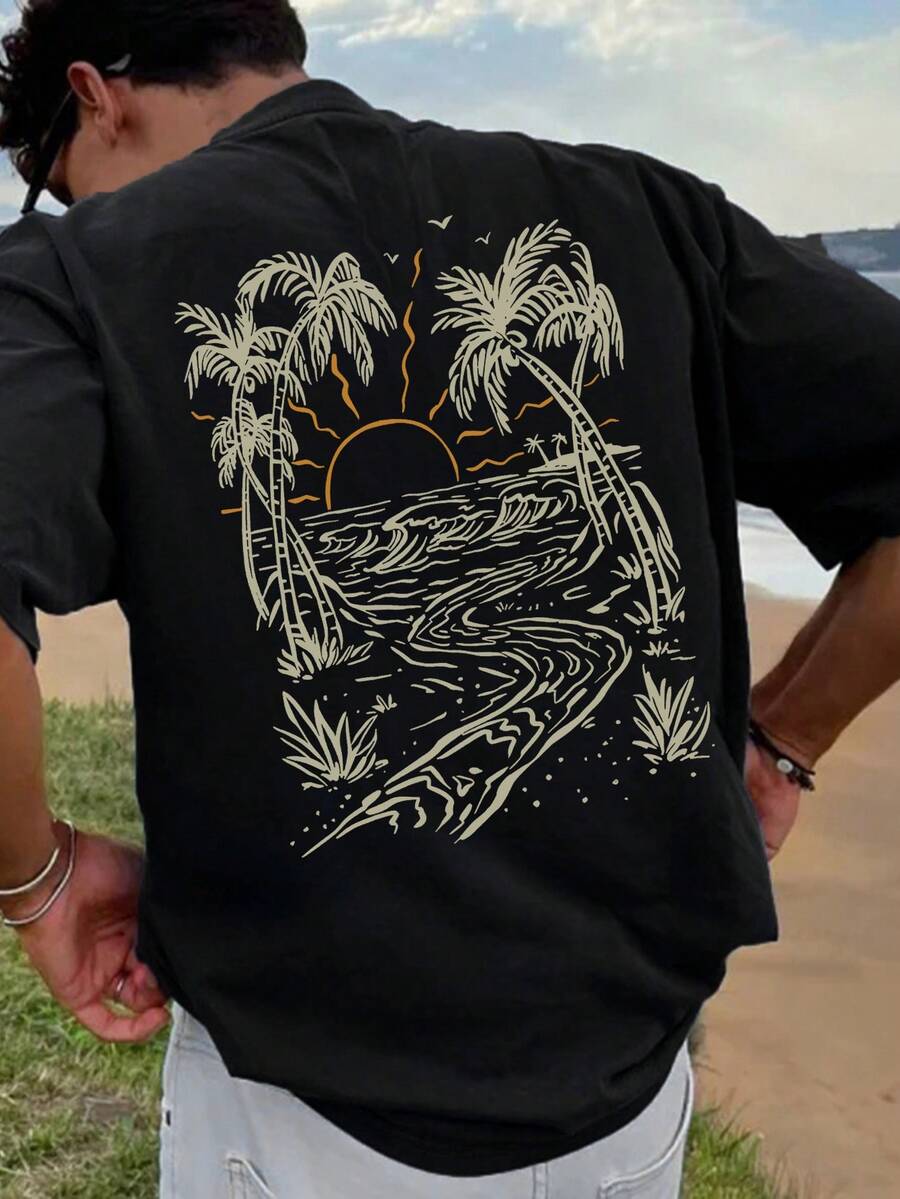 Coastal Men's Vacation Style Island Element Printed Short Sleeve T-Shirt, Suitable For Summer Wear, Comfortable & Breathable, Leading Fashion
