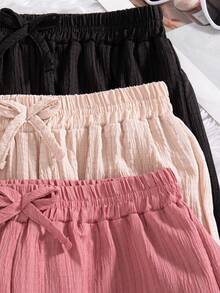 3pcs/Set Girls' Casual Solid Color Pants With Bow Decor Elastic Waistband, Suitable For Spring & Autumn - Pink - View 5