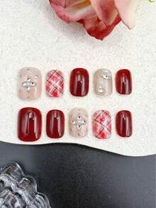 10片手工美甲贴纸，酒红色短椭圆形，时尚花香风格，法式美甲贴纸，美甲贴花，新年美甲，情人节美甲，UV凝胶美甲，夏季美甲，可佩戴美甲，优雅别致设计，高端法式风格，凝胶指甲油，闪粉，猫眼效果，金属光泽 - 酒紅色 - 查看 5