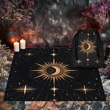 1件星空塔罗牌祭坛布及配套收纳袋，饰有日月图案 - 巫术仪式布，适用于塔罗牌占卜、月相仪式、冥想空间、异教祭坛 - 巫术仪式桌布，优雅的日月曼陀罗祭坛布，神秘的星空设计，复古花卉桌布，巫术占星术黑色神谕垫塔罗牌桌布，波西米亚风游戏垫，家居装饰房间装饰 - 彩色 - 查看 3