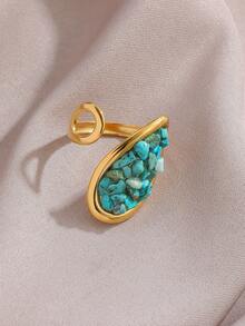 1枚优雅百搭时尚天然宝石及18K镀金不锈钢几何戒指，女士日常及节日配饰 - 金色 - 查看 7