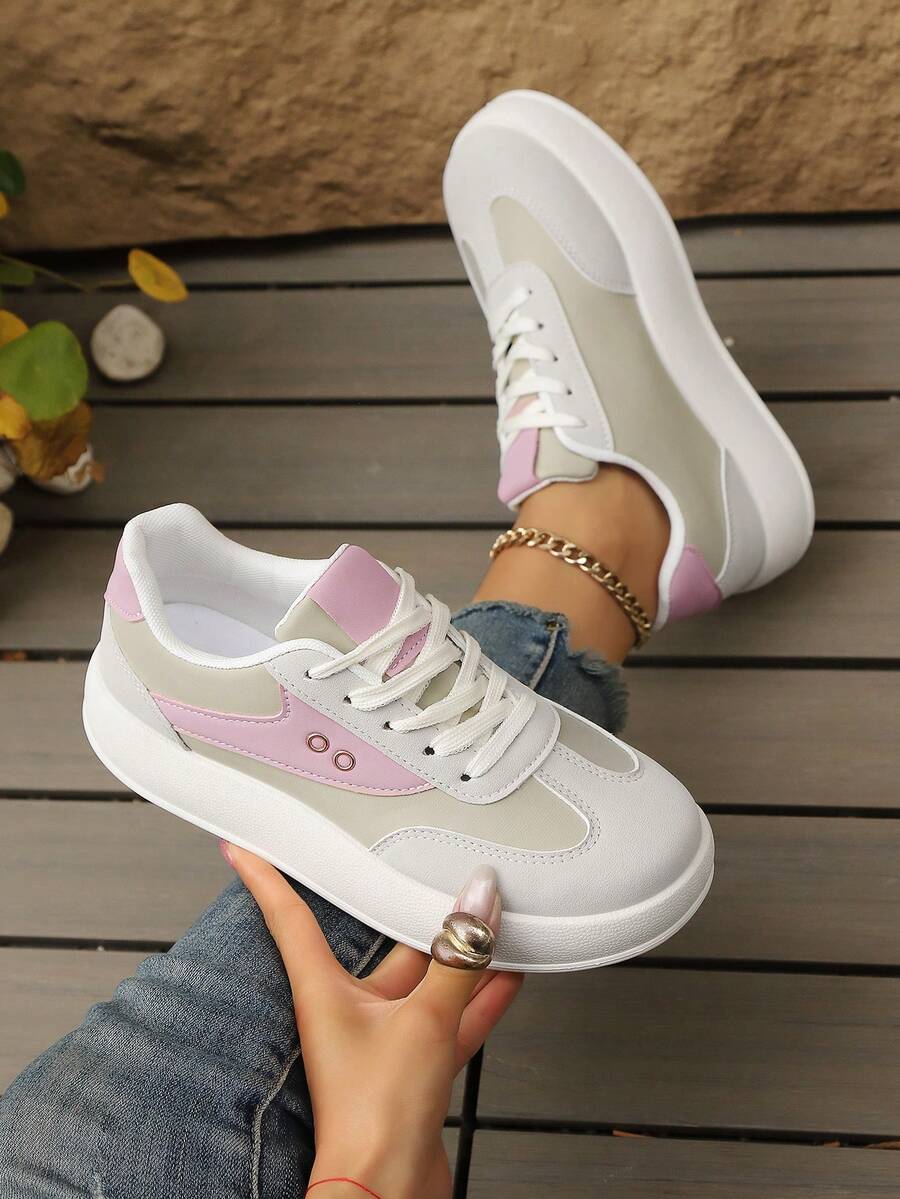 女士金属网面厚底运动鞋，春秋季新款休闲平底防滑白色学生鞋 - 粉色 - 查看 1