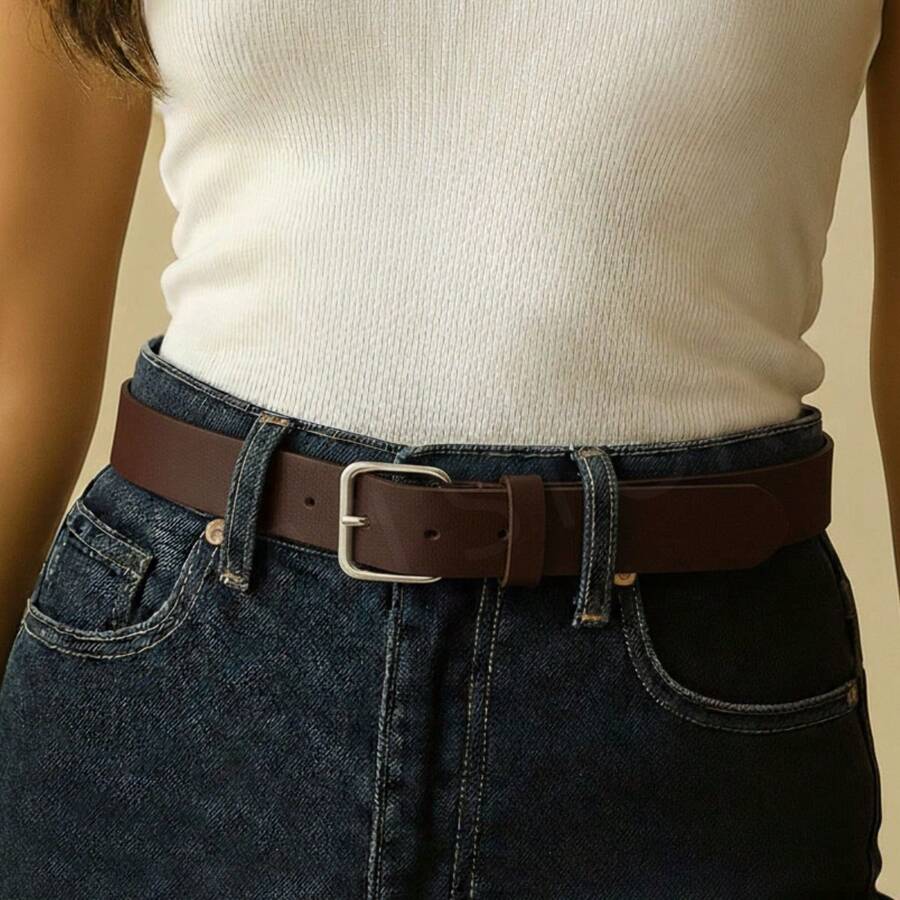 Montana Women's Leather Belt, Social Fashion Blogger, Silver Square Buckle - Cà phê - Xem 1