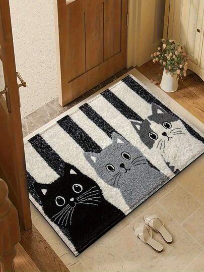 1 tấm thảm tắm bằng len in hình mèo dễ thương - Mềm mại, thấm hút tốt, thiết kế sọc đen, xám và trắng với họa tiết mèo đáng yêu, thích hợp cho phòng tắm, nhà bếp, phòng ngủ.