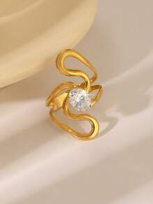 1pc Fashionable Luxury 18K Gold Plated Stainless Steel Asymmetric Cubic Zirconia Ring, Floral & Heart Geometric Design, Suitable For Stylish Women's Daily, Party, Birthday, Engagement Occasions - Gold - View 7