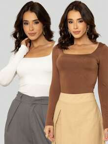 Kit 2 Blouse Long Sleeve Elegant Low-Cut Cold Second Skin - Trắng và Nâu - Xem 5