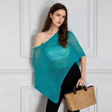 Women Sheer Mesh Poncho Top Crochet Knit Lightweight See Through Shawl Wrap Summer Oversized Loose Shrug Beachwear Swimsuit Bikini Cover Ups - 水鴨藍 - 查看 4