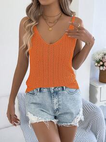 Hollow V-Neck Knit Camisole Top, Summer - Orange - View 4