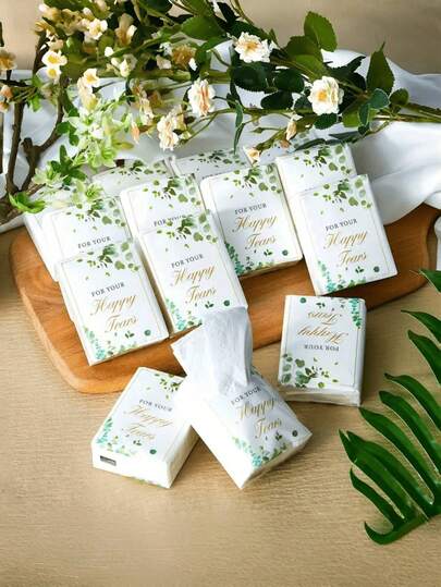10 piezas/20 piezas Pañuelos faciales decorativos suaves con hojas verdes "Lágrimas de felicidad", adecuados para compromisos, fiestas de bodas, ocasiones celebratorias, suministros de boda para novios y novias