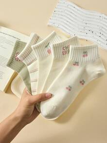 5双装女士防滑短袜，绿色樱桃草莓图案，四季皆宜 - 綠色 - 查看 8