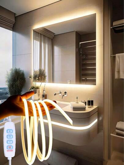 1条COB三色可调霓虹灯带（1米/3米/10米），柔性LED室内装饰照明灯，LED房间灯，3种霓虹灯光色，安装简便，智能调光，USB供电，按钮控制，适用于家庭、直播、化妆镜、节日装饰、DIY、电脑、电视、卧室等，可弯曲灯带，家居装饰